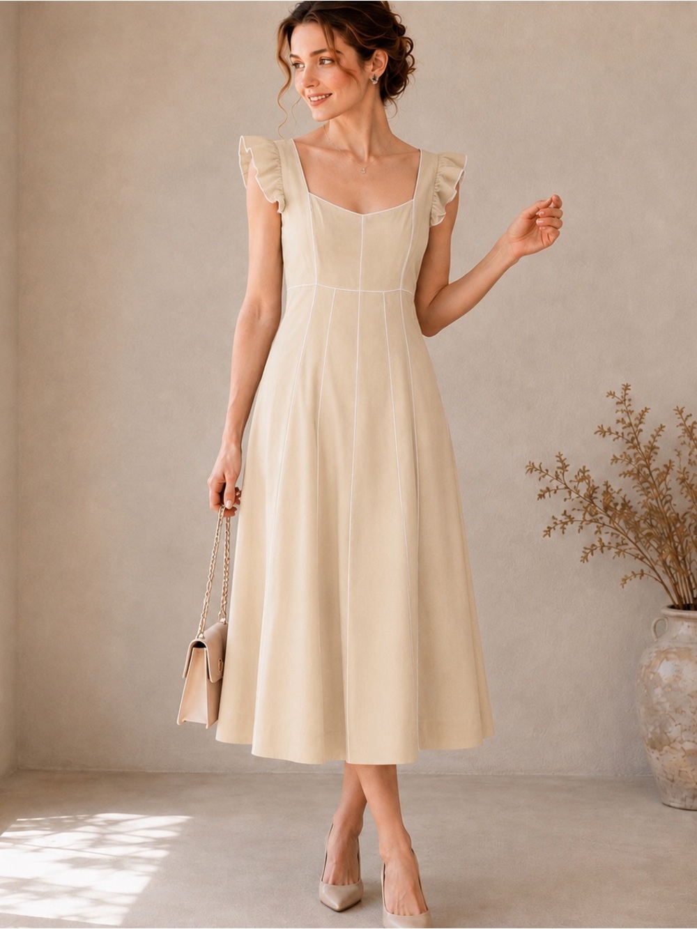 Ellen Tracy Cream Midi Dress with Ruffle Cap Sleeves